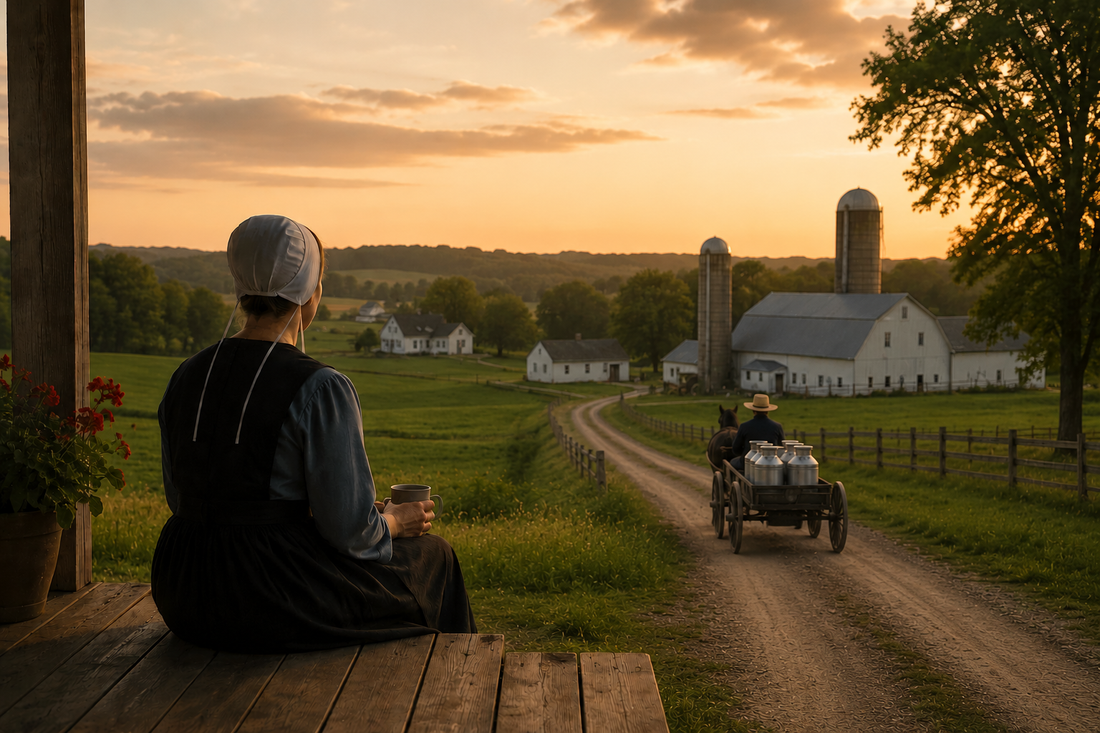 An Amish woman in plain dress and prayer covering sits on a porch at sunset, cup in hand, watching a horse-drawn wagon carry milk cans down a dirt lane toward a white barn and silos.