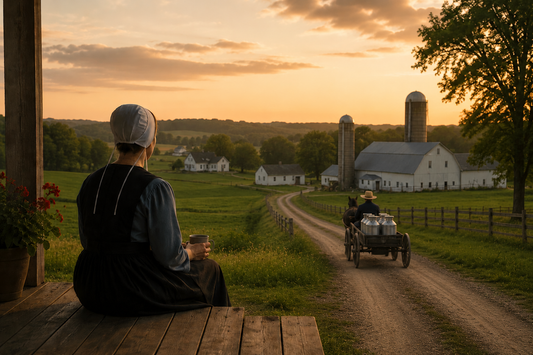 An Amish woman in plain dress and prayer covering sits on a porch at sunset, cup in hand, watching a horse-drawn wagon carry milk cans down a dirt lane toward a white barn and silos.