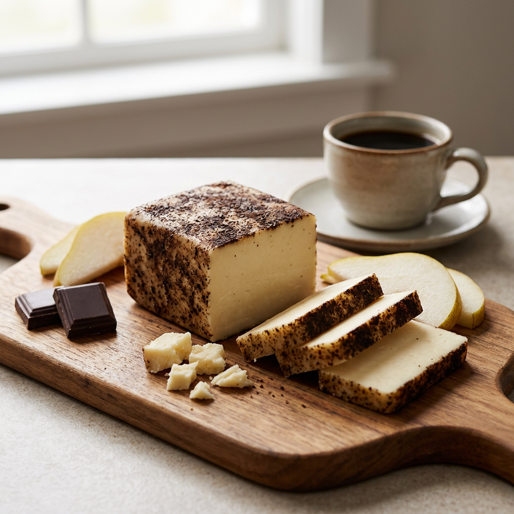 Espresso cheddar pairing board with pear, dark chocolate, and coffee