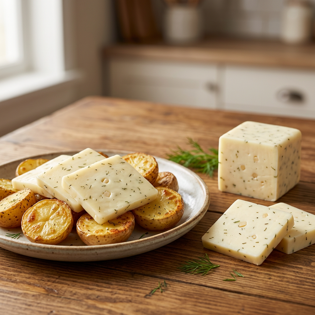 Garlic and Dill cheddar with roasted baby potatoes serving suggestion